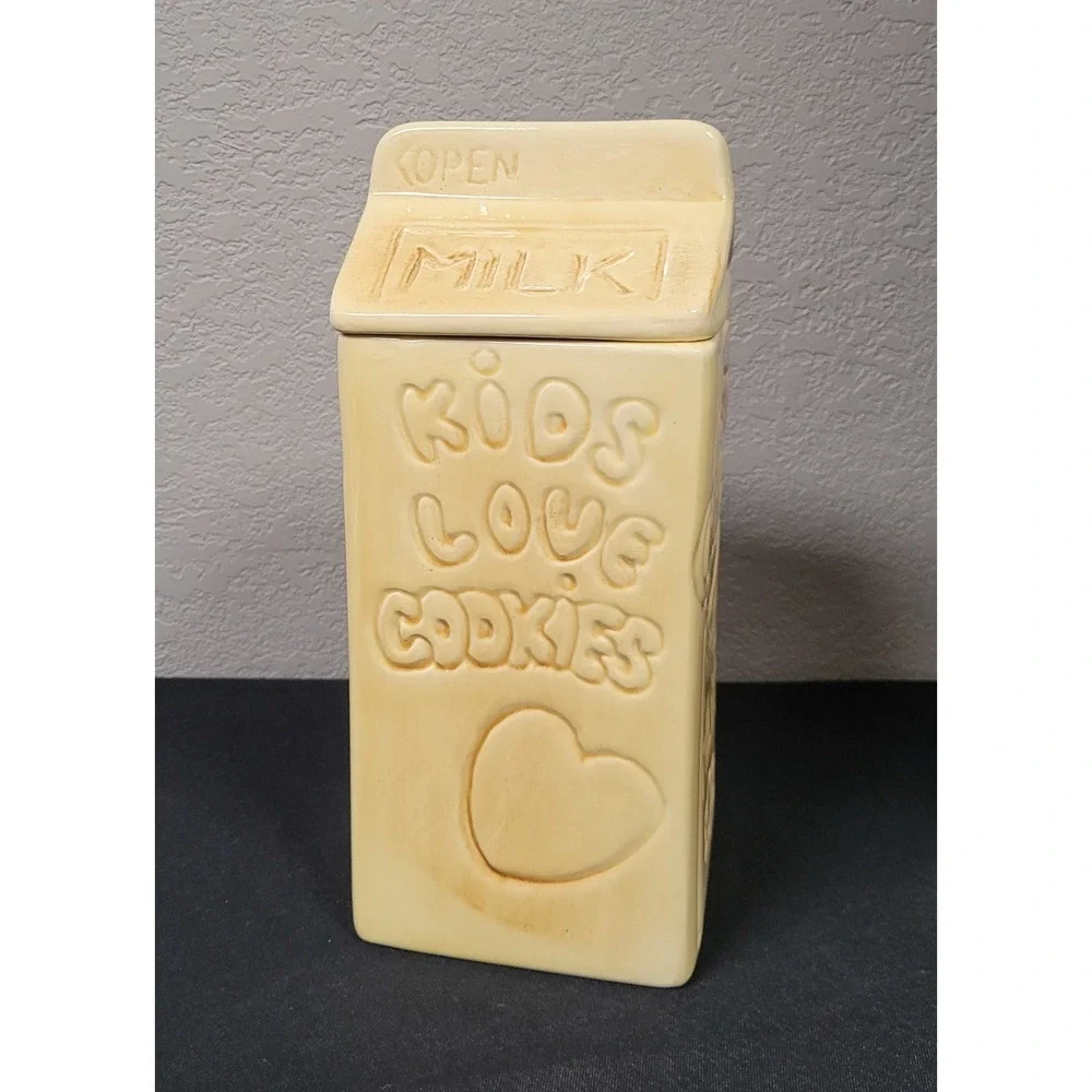 Vintage 1980s Ceramic Milk Carton Cookie Jar Kids Love Milk Retro Kitchen Decor